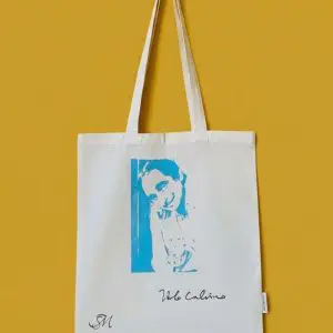 Borsa dipinta a mano Italo Calvino. Prodotto autentico Skillaly, Made in Italy.