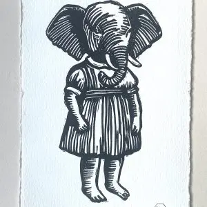 Cartão-postal impresso à mão, linogravura, elefante. Produto autêntico Skillaly, fabricado na Itália.