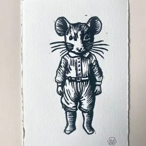 Cartão-postal impresso à mão, gravura em linóleo, Mickey Mouse. Produto autêntico Skillaly, fabricado na Itália.