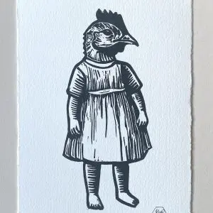 Cartão-postal impresso à mão, gravura em linóleo, galinha. Produto autêntico Skillaly, fabricado na Itália.