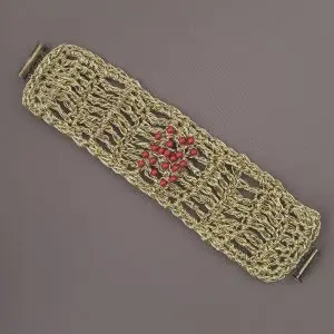 Gold Crochet Bracelet Wide Band Boho Chic Elegant Gift for Women Red Beads Jewelry. Authentic Skillaly product, Made in Italy.