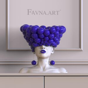 Estátua contemporânea de bolha para ambientes internos "Pensieri". Decoração azul e branca / Vaso moderno com busto de cabeça feminina, decoração para casa