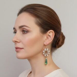 Orecchini pendenti a goccia verde tessitura perline oro e bianche bigiotteria artigianale regalo donna. Prodotto artigianale Skillaly, Made in Italy.